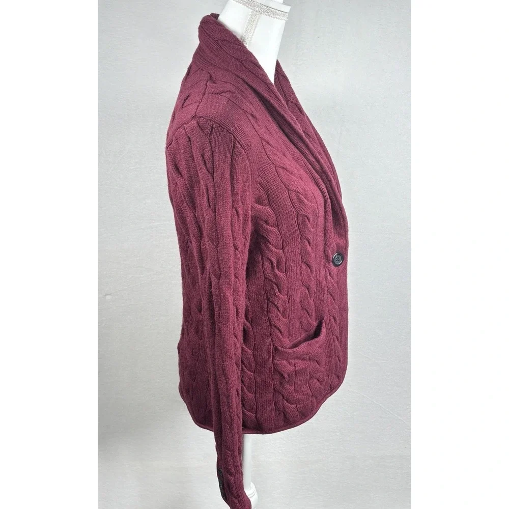 Talbots Cable Knit‎ Cardigan Sweater Jacket Size M Petite Cozy Chunky Wine